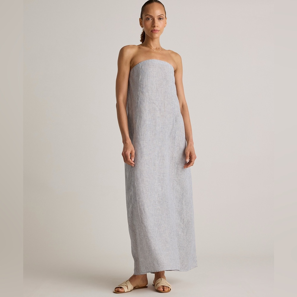 Quince European linen Blue Pinstripe Strapless Dress